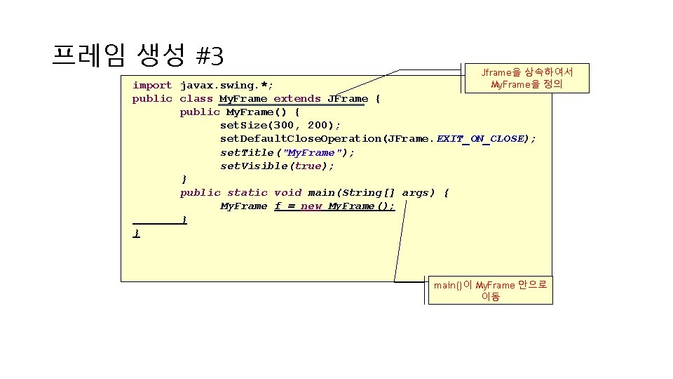 프레임 생성 #3 Jframe을 상속하여서 My. Frame을 정의 import javax. swing. *; public class