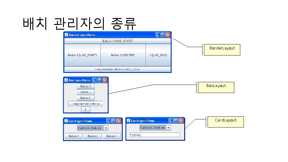 배치 관리자의 종류 Border. Layout Box. Layout Card. Layout 