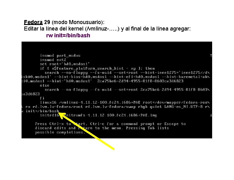 Fedora 29 (modo Monousuario): Editar la línea del kernel (/vmlinuz-…. . ) y al
