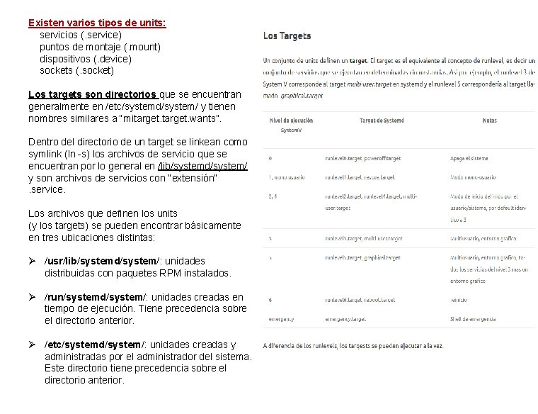 Existen varios tipos de units: servicios (. service) puntos de montaje (. mount) dispositivos