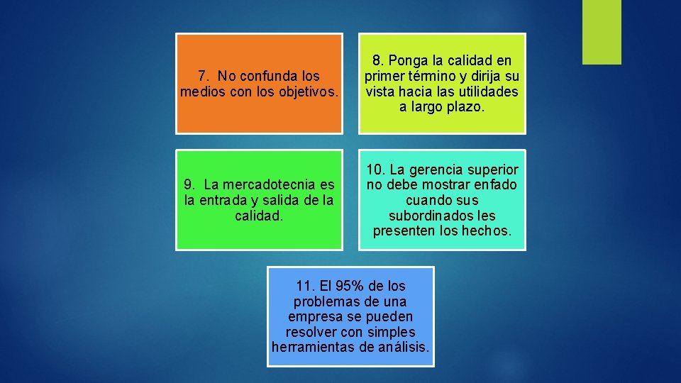 7. No confunda los medios con los objetivos. 8. Ponga la calidad en primer