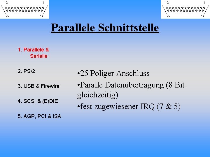 Parallele Schnittstelle 1. Parallele & Serielle 2. PS/2 3. USB & Firewire 4. SCSI