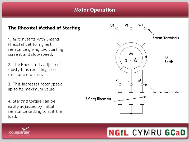 Motor Operation The Rheostat Method of Starting 1. Motor starts with 3 -gang Rheostat