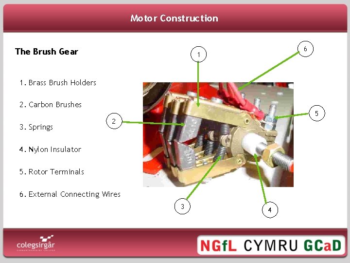 Motor Construction The Brush Gear 6 1 1. Brass Brush Holders 2. Carbon Brushes