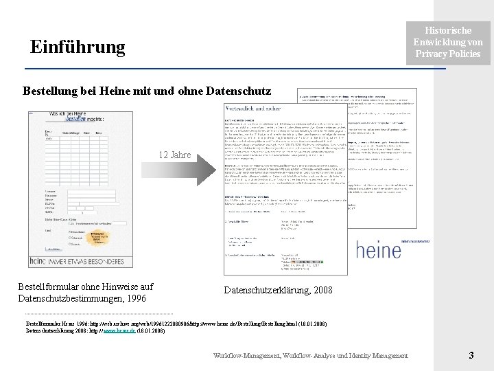 Historische Entwicklung von Privacy Policies Einführung Bestellung bei Heine mit und ohne Datenschutz 12 Historische Entwicklung von Privacy Policies Einführung Bestellung bei Heine mit und ohne Datenschutz 12