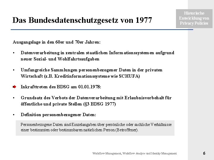 Das Bundesdatenschutzgesetz von 1977 Historische Entwicklung von Privacy Policies Ausgangslage in den 60 er