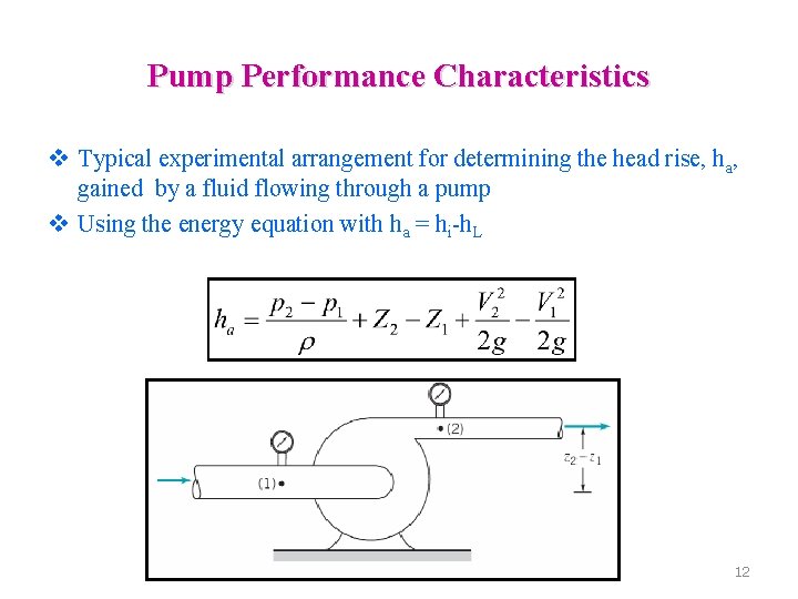 Pump Performance Characteristics v Typical experimental arrangement for determining the head rise, ha, gained