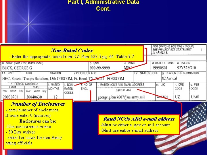 Part I, Administrative Data Cont. Non-Rated Codes - Enter the appropriate codes from DA