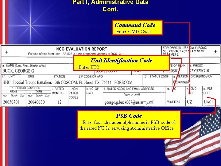 Part I, Administrative Data Cont. Command Code -Enter CMD Code Unit Identification Code -