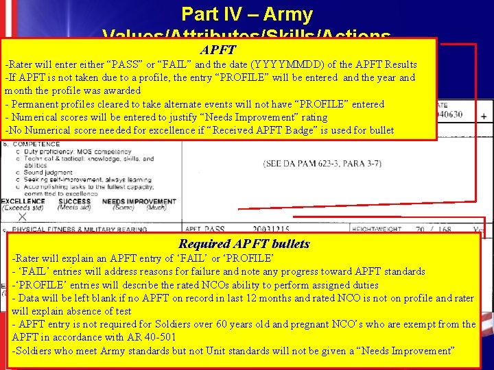 Part IV – Army Values/Attributes/Skills/Actions APFT -Rater will enter either “PASS” or “FAIL” and