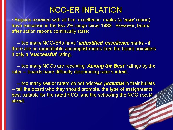 NCO-ER INFLATION • Reports received with all five ‘excellence’ marks (a ‘max’ report) have