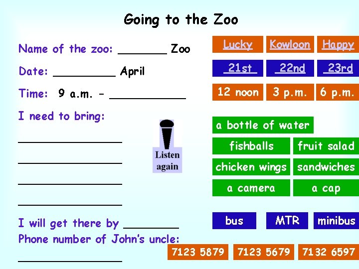 Going to the Zoo Name of the zoo: _______ Zoo Lucky Kowloon Happy 21
