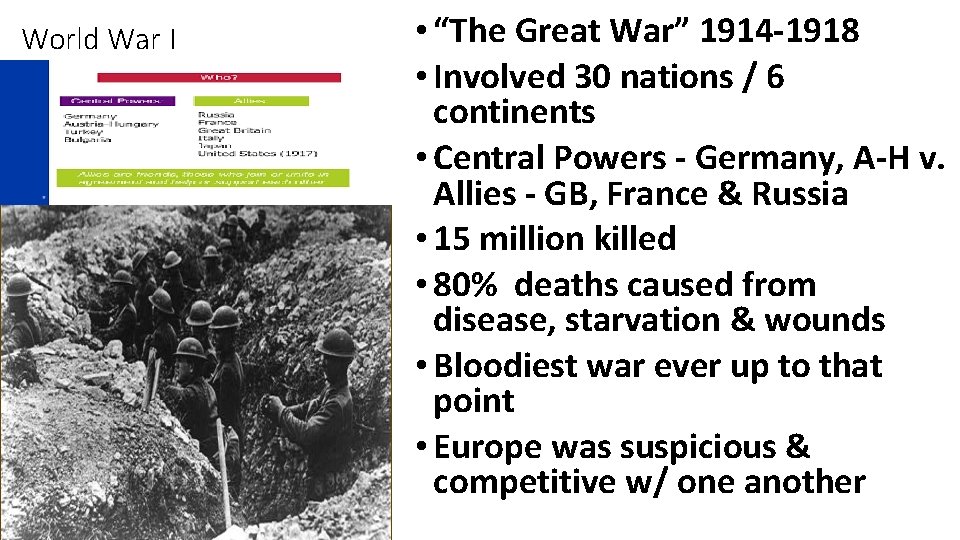 World War I • “The Great War” 1914 -1918 • Involved 30 nations /