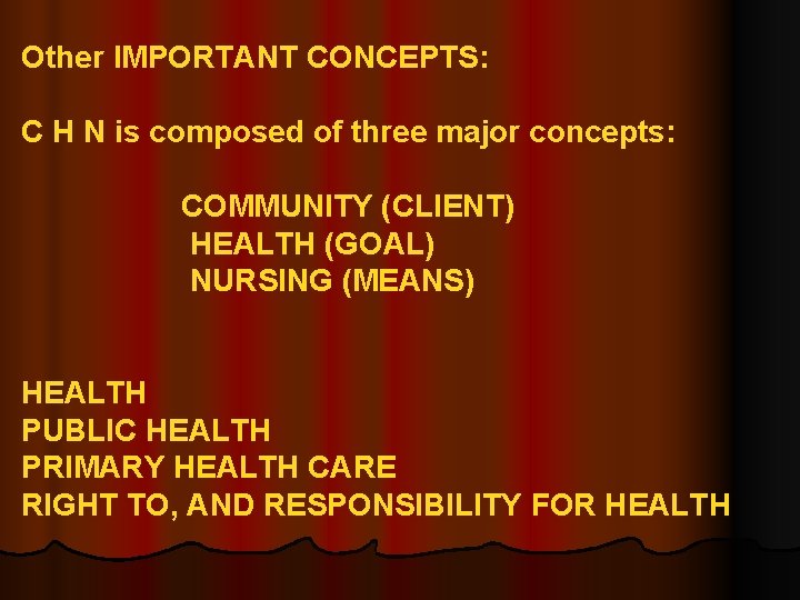 Other IMPORTANT CONCEPTS: C H N is composed of three major concepts: COMMUNITY (CLIENT)