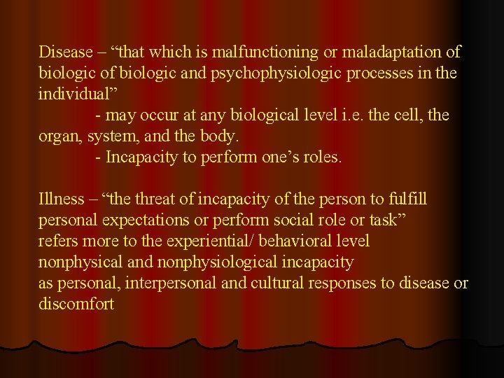 Disease – “that which is malfunctioning or maladaptation of biologic and psychophysiologic processes in