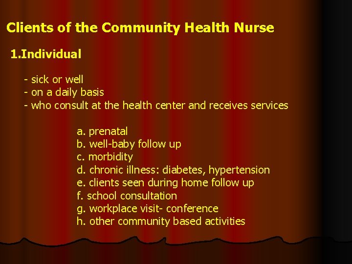 Clients of the Community Health Nurse 1. Individual - sick or well - on