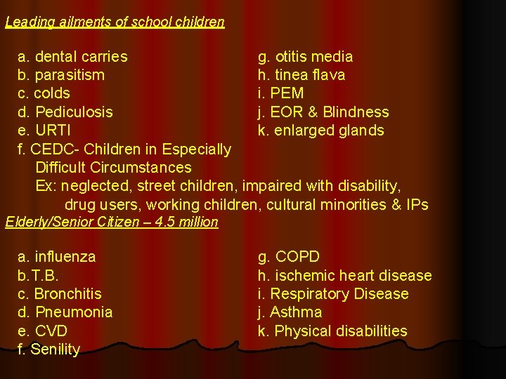 Leading ailments of school children a. dental carries g. otitis media b. parasitism h.