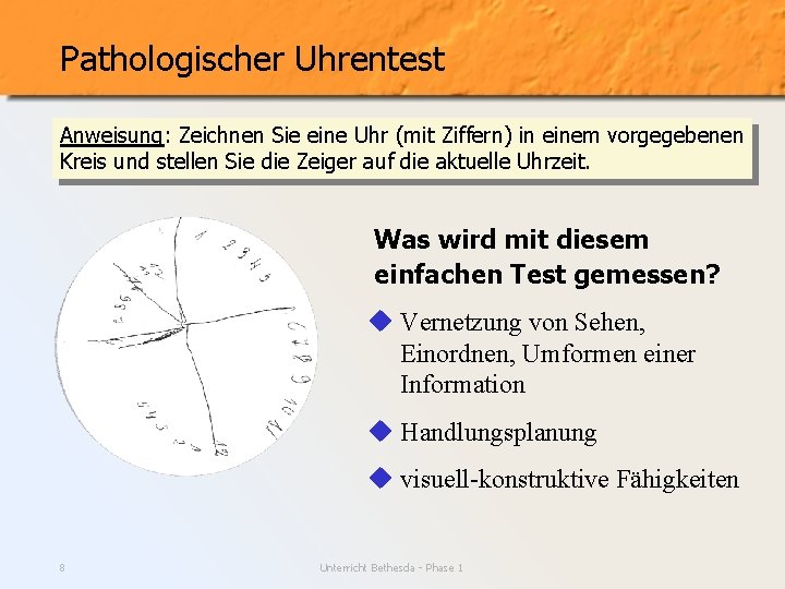 Pathologischer Uhrentest Anweisung: Zeichnen Sie eine Uhr (mit Ziffern) in einem vorgegebenen Kreis und