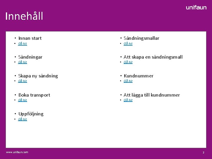 Innehåll • Innan start • Sändningsmallar • Gå hit • Sändningar • Att skapa
