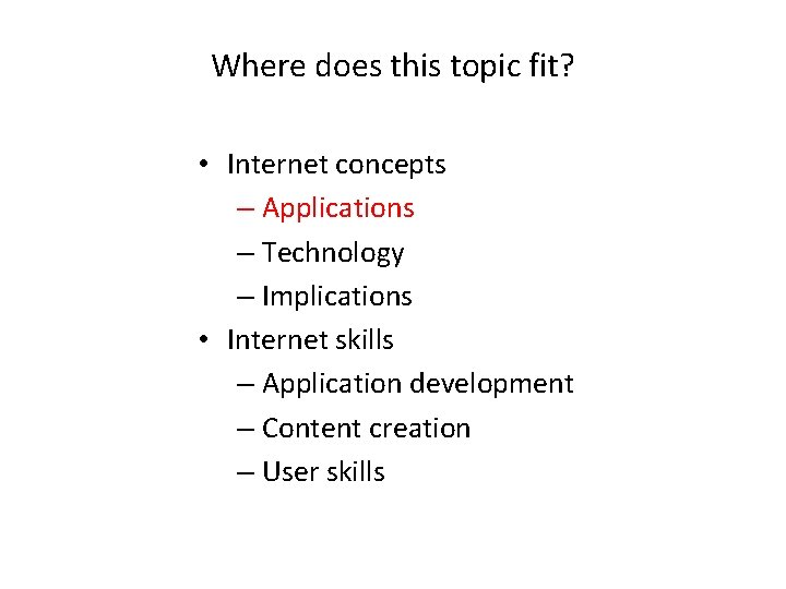 Where does this topic fit? • Internet concepts – Applications – Technology – Implications