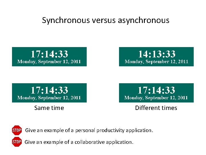 Synchronous versus asynchronous Same time Different times Give an example of a personal productivity