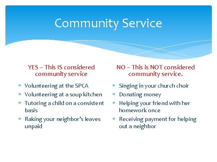 Community Service YES – This IS considered community service NO – This is NOT