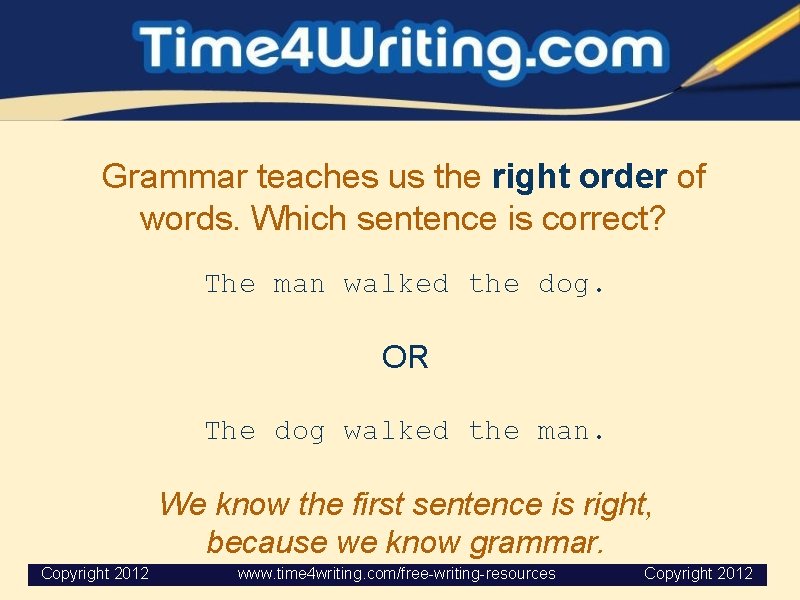 Grammar teaches us the right order of words. Which sentence is correct? The man