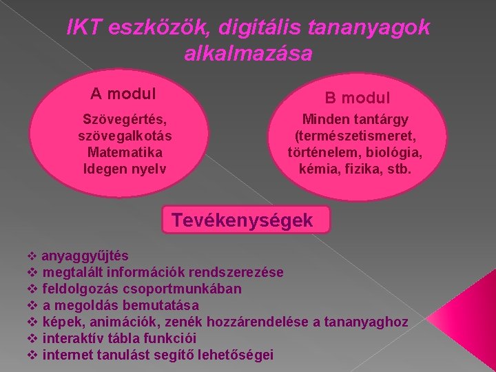 IKT eszközök, digitális tananyagok alkalmazása A modul B modul Szövegértés, szövegalkotás Matematika Idegen nyelv