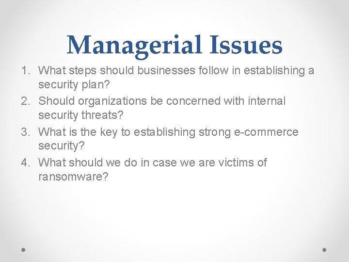Managerial Issues 1. What steps should businesses follow in establishing a security plan? 2.