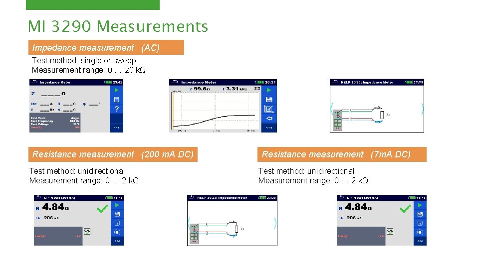 MI 3290 Measurements Impedance measurement (AC) Test method: single or sweep Measurement range: 0