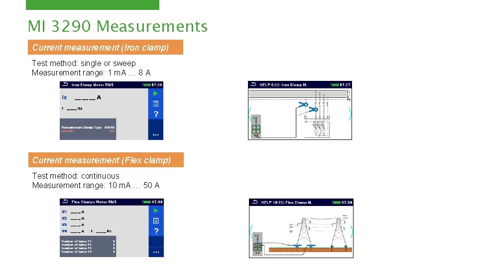 MI 3290 Measurements Current measurement (Iron clamp) Test method: single or sweep Measurement range: