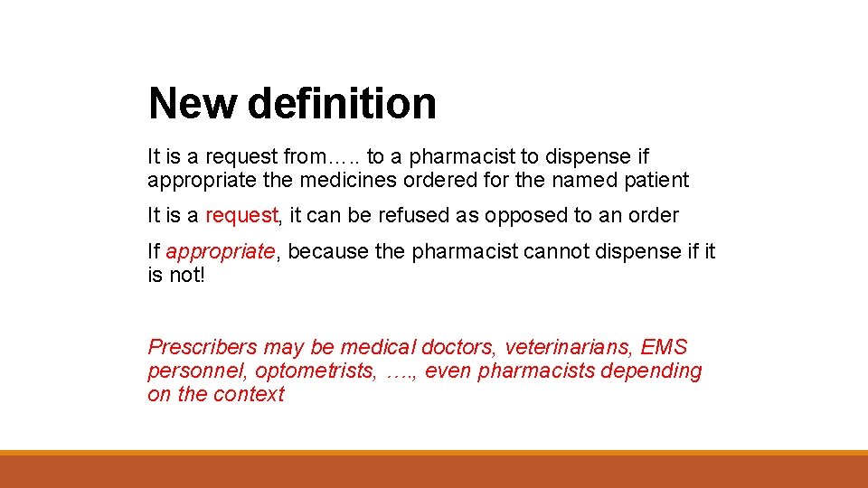 New definition It is a request from…. . to a pharmacist to dispense if