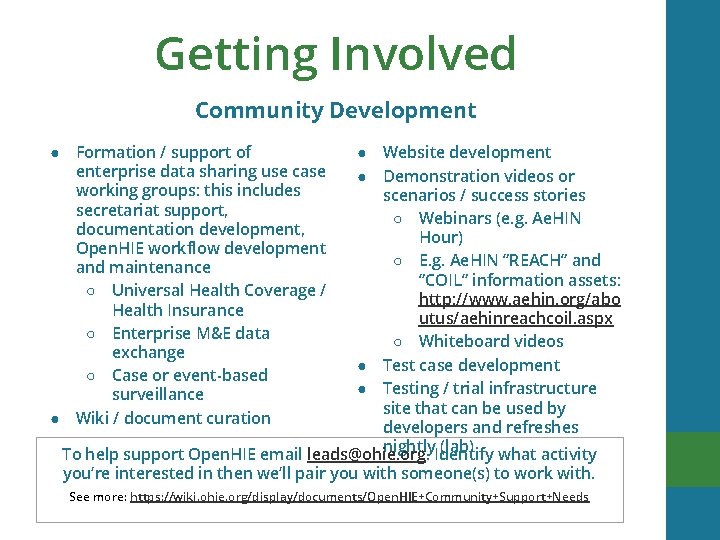 Getting Involved Community Development Website development Demonstration videos or scenarios / success stories ○