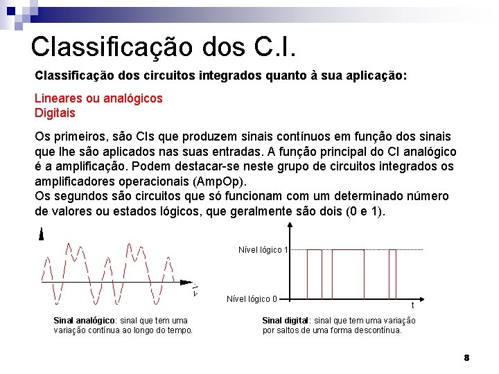 Classificação dos C. I. Classificação dos circuitos integrados quanto à sua aplicação: Lineares ou