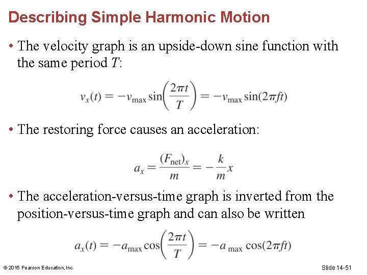 Describing Simple Harmonic Motion • The velocity graph is an upside-down sine function with
