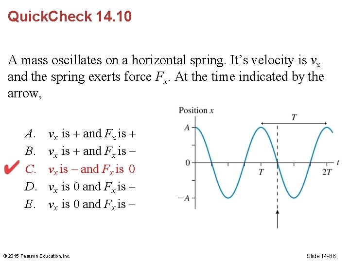 Quick. Check 14. 10 A mass oscillates on a horizontal spring. It’s velocity is