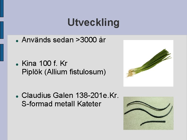 Utveckling Används sedan >3000 år Kina 100 f. Kr Piplök (Allium fistulosum) Claudius Galen Utveckling Används sedan >3000 år Kina 100 f. Kr Piplök (Allium fistulosum) Claudius Galen