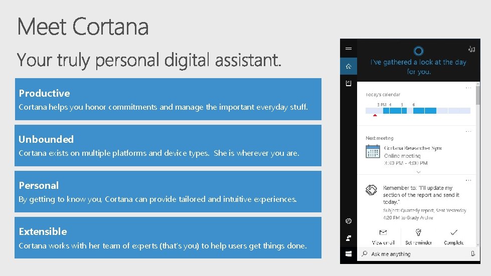 Productive Cortana helps you honor commitments and manage the important everyday stuff. Unbounded Cortana