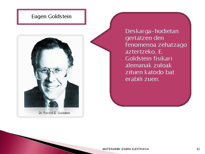 Eugen Goldstein Deskarga-hodietan gertatzen den fenomenoa zehatzago aztertzeko, E. Goldstein fisikari alemanak zuloak zituen
