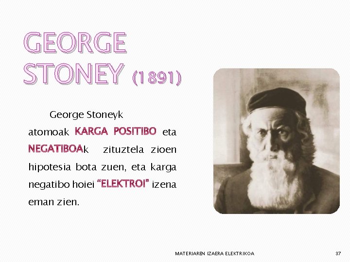 GEORGE STONEY (1891) George Stoneyk atomoak eta k zituztela zioen hipotesia bota zuen, eta