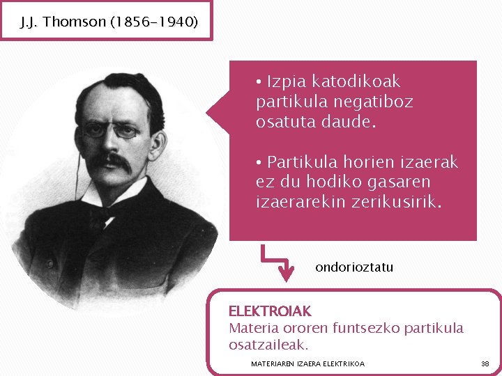 J. J. Thomson (1856 -1940) • Izpia katodikoak partikula negatiboz osatuta daude. • Partikula