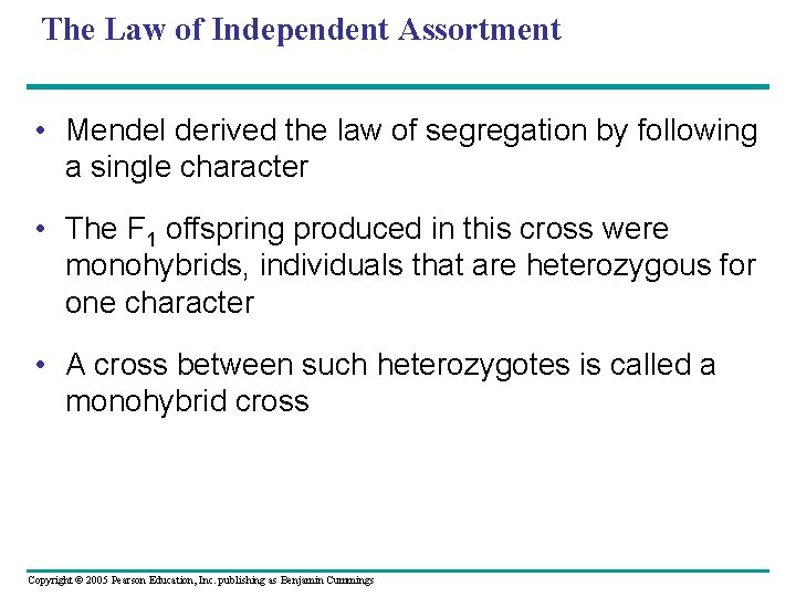 The Law of Independent Assortment • Mendel derived the law of segregation by following