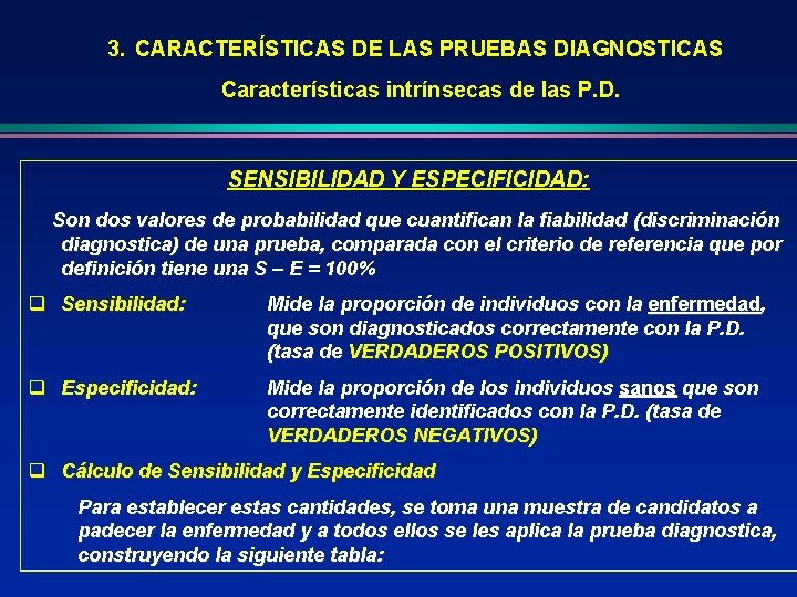3. CARACTERÍSTICAS DE LAS PRUEBAS DIAGNOSTICAS Características intrínsecas de las P. D. SENSIBILIDAD Y