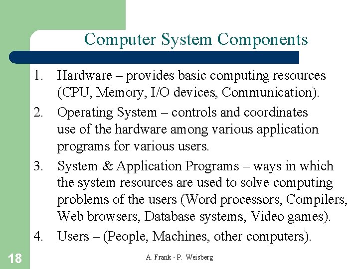 Computer System Components 1. Hardware – provides basic computing resources (CPU, Memory, I/O devices,