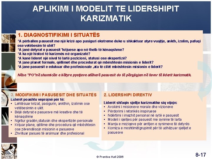 APLIKIMI I MODELIT TE LIDERSHIPIT KARIZMATIK 1. DIAGNOSTIFIKIMI I SITUATËS *A përballen pasuesit me