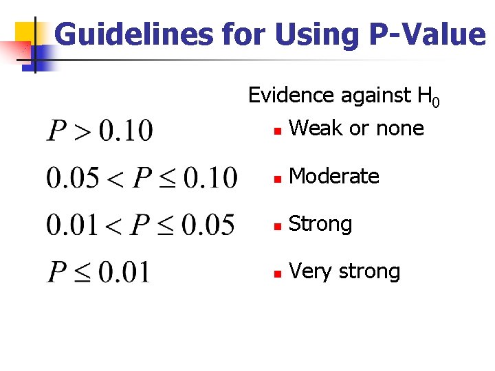 Guidelines for Using P-Value Evidence against H 0 n Weak or none n Moderate