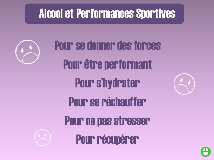 Alcool et Performances Sportives Pour se donner des forces Pour être performant Pour s’hydrater