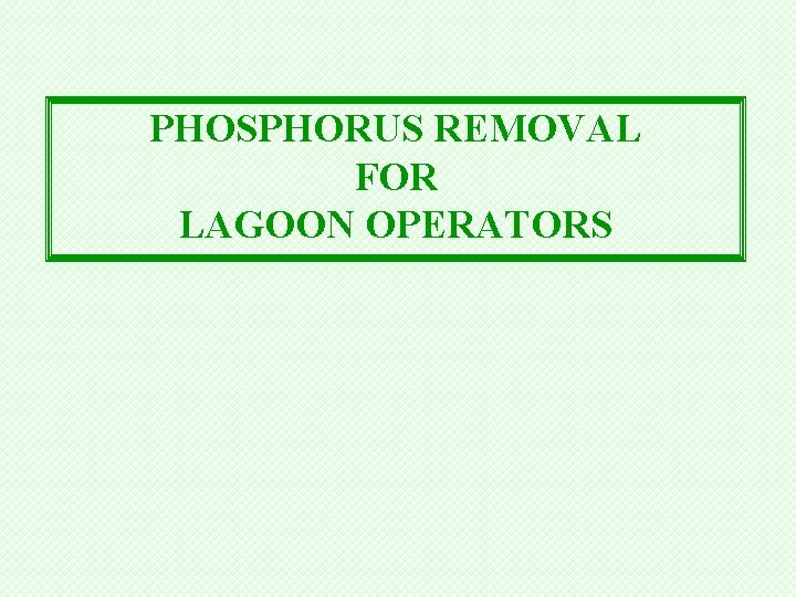 PHOSPHORUS REMOVAL FOR LAGOON OPERATORS 