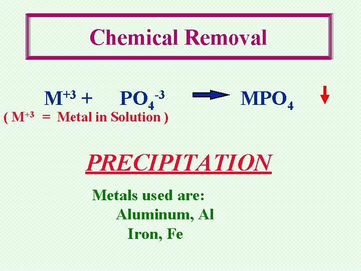 Chemical Removal M+3 + PO 4 -3 ( M+3 = Metal in Solution )