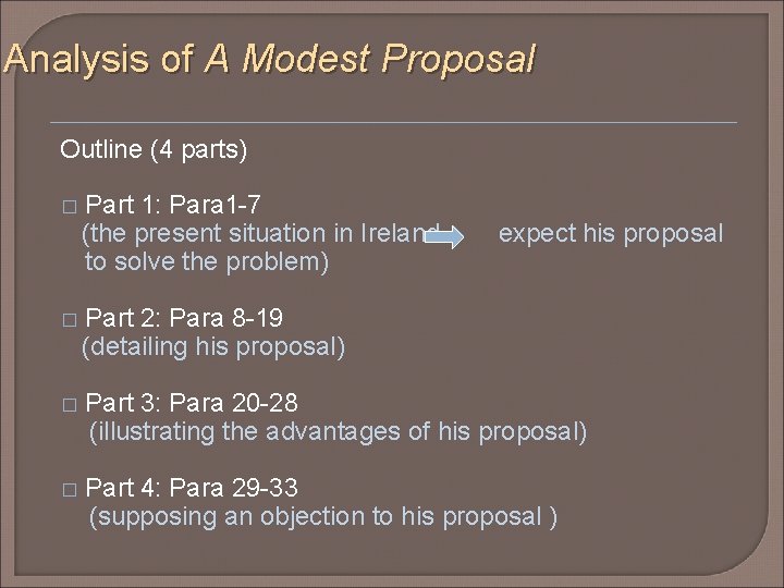 Analysis of A Modest Proposal Outline (4 parts) Part 1: Para 1 -7 (the